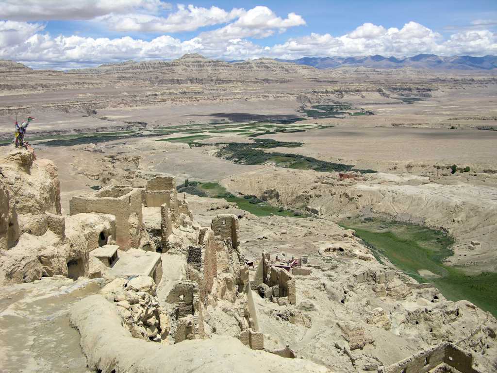 Tibet Guge 08 Tsaparang 10 View From Citadel Back Towards Entrance From the Citadel at the top of Tsaparang, we had a wonderful view back towards the entrance, across the marvelously eroded valleys around the site. In the middle, just to the right of centre is the Temple of Lotsava Rinchen Zangpo.